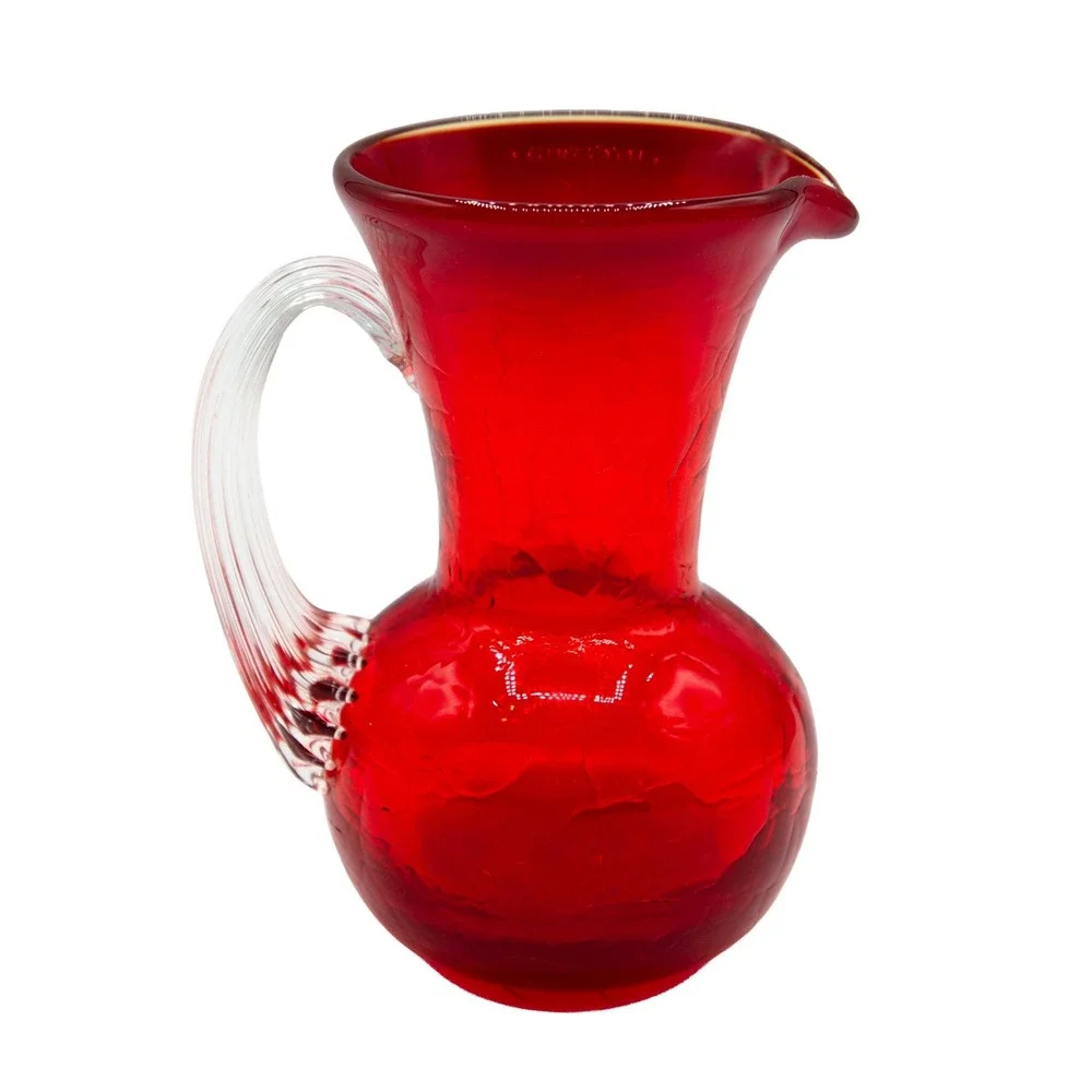 Red Glass Pitcher Small Water Carafe‎ Hand Blown Crackle Style